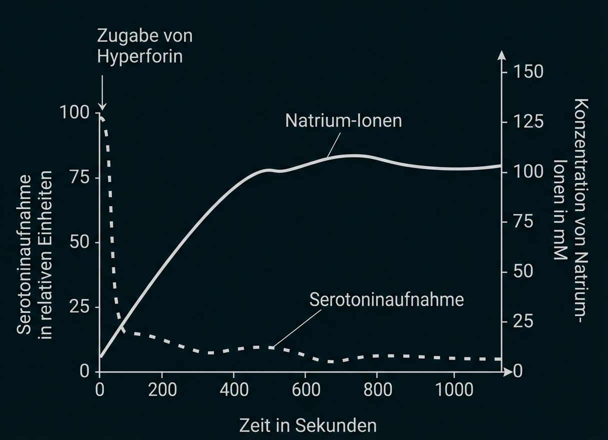 Diagramm: Zeitverlauf von Natrium-Ionen (durchgezogene Linie) und Serotoninaufnahme (gestrichelt) nach Hyperforin-Zugabe
